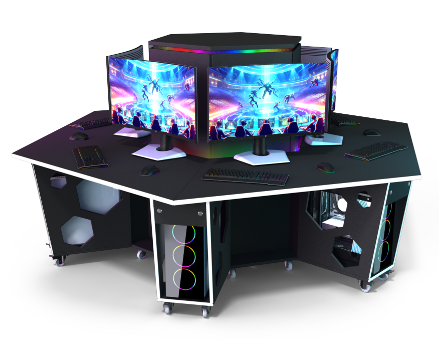 Gaming desk islands and wall-side PC workstations at St Mary’s University esports arena