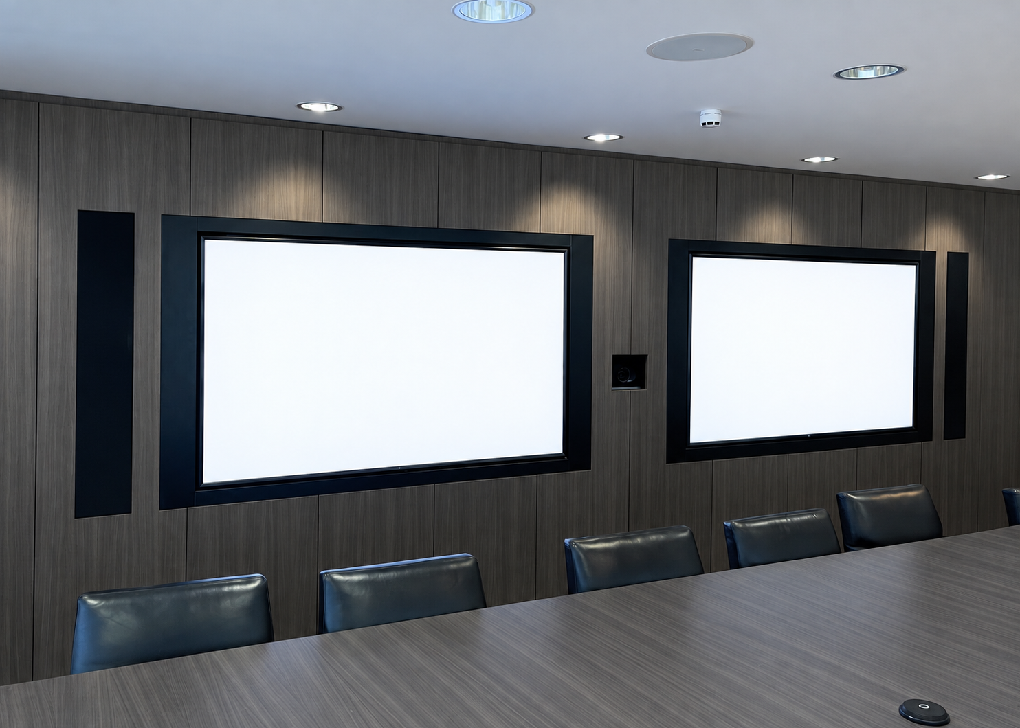 Bespoke boardroom media wall integrating dual screens, speakers and a video conferencing camera within coordinated wood-grain panelling.