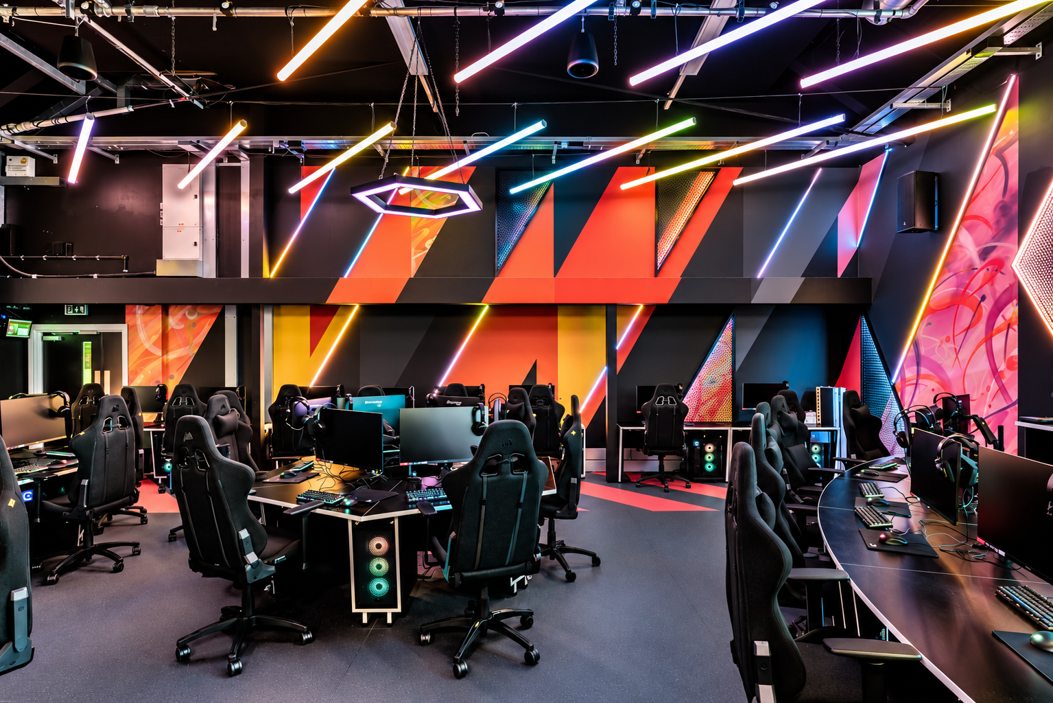 Bespoke esports gaming desks with PC stations and gaming chairs at St Mary’s University esports arena