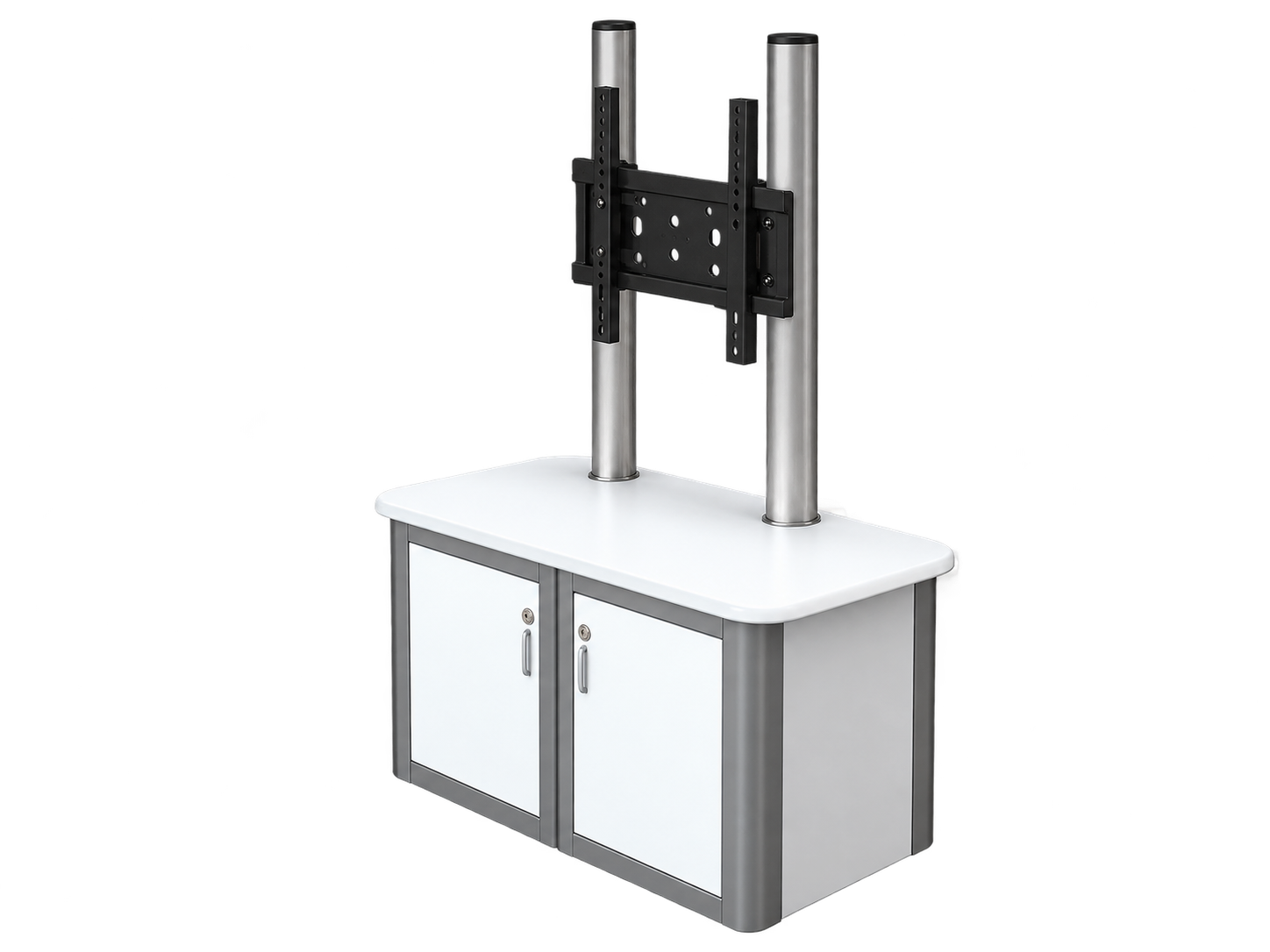 White and grey two-door AV cabinet with a rounded top, twin silver uprights and a black screen mounting bracket.