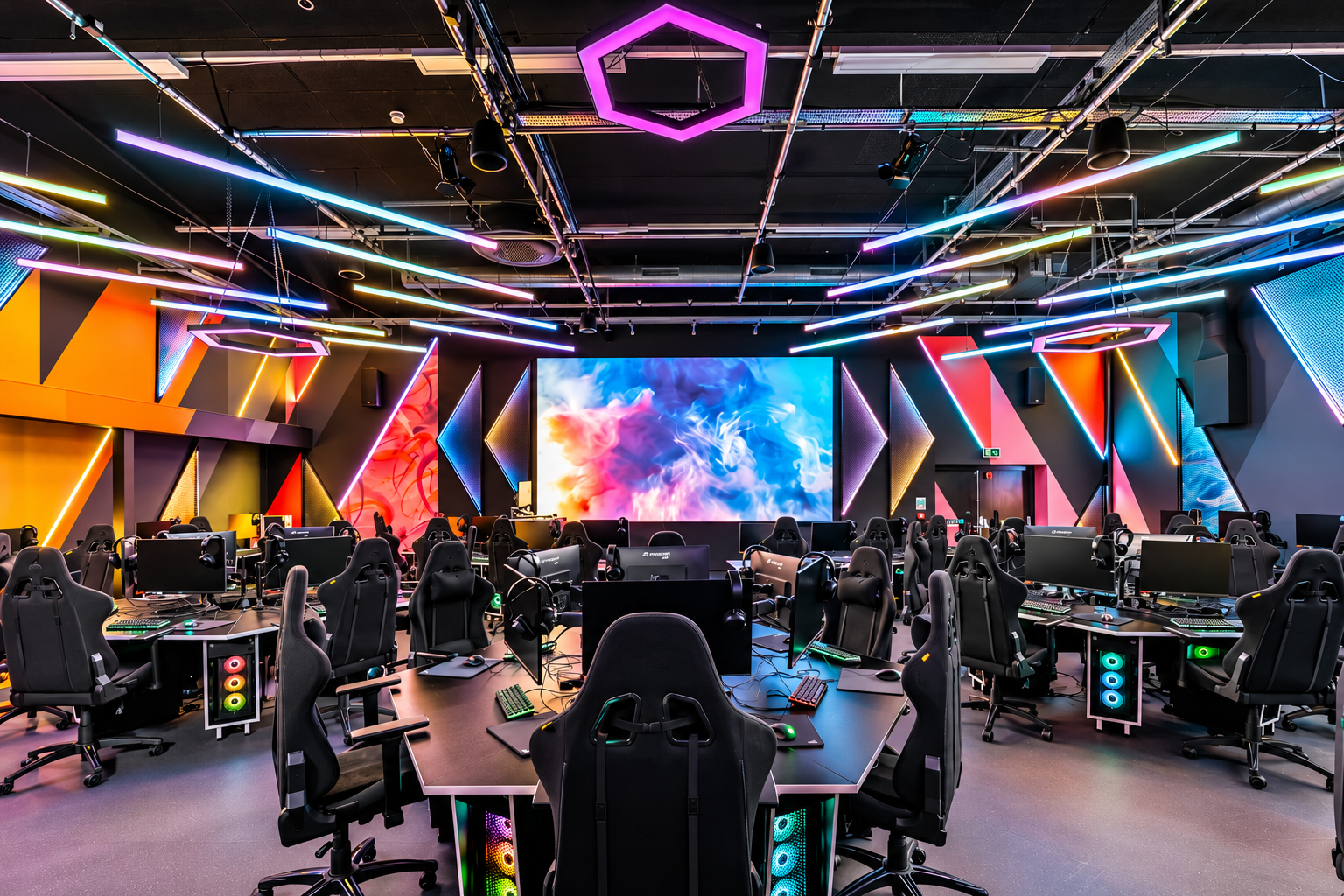 Gaming desk islands with PC stations and chairs facing a large display at St Mary’s University esports arena